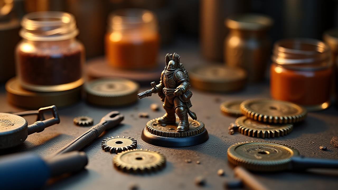 Stół warsztatowy z narzędziami modelarskimi i miniaturami steampunkowymi