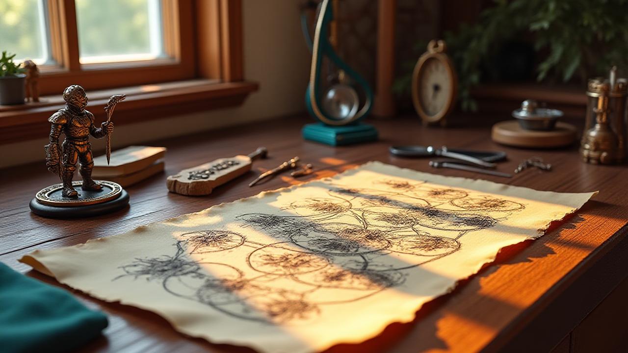 Klimatyczne biurko projektowe z dokumentami i miniaturami steampunkowymi